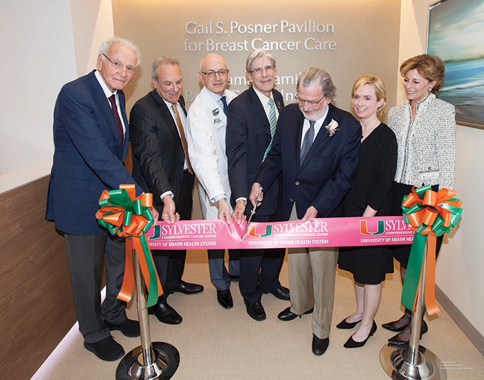 From left, Norman Braman, Steven M. Altschuler, M.D., Stephen D. Nimer, M.D., UM President Julio